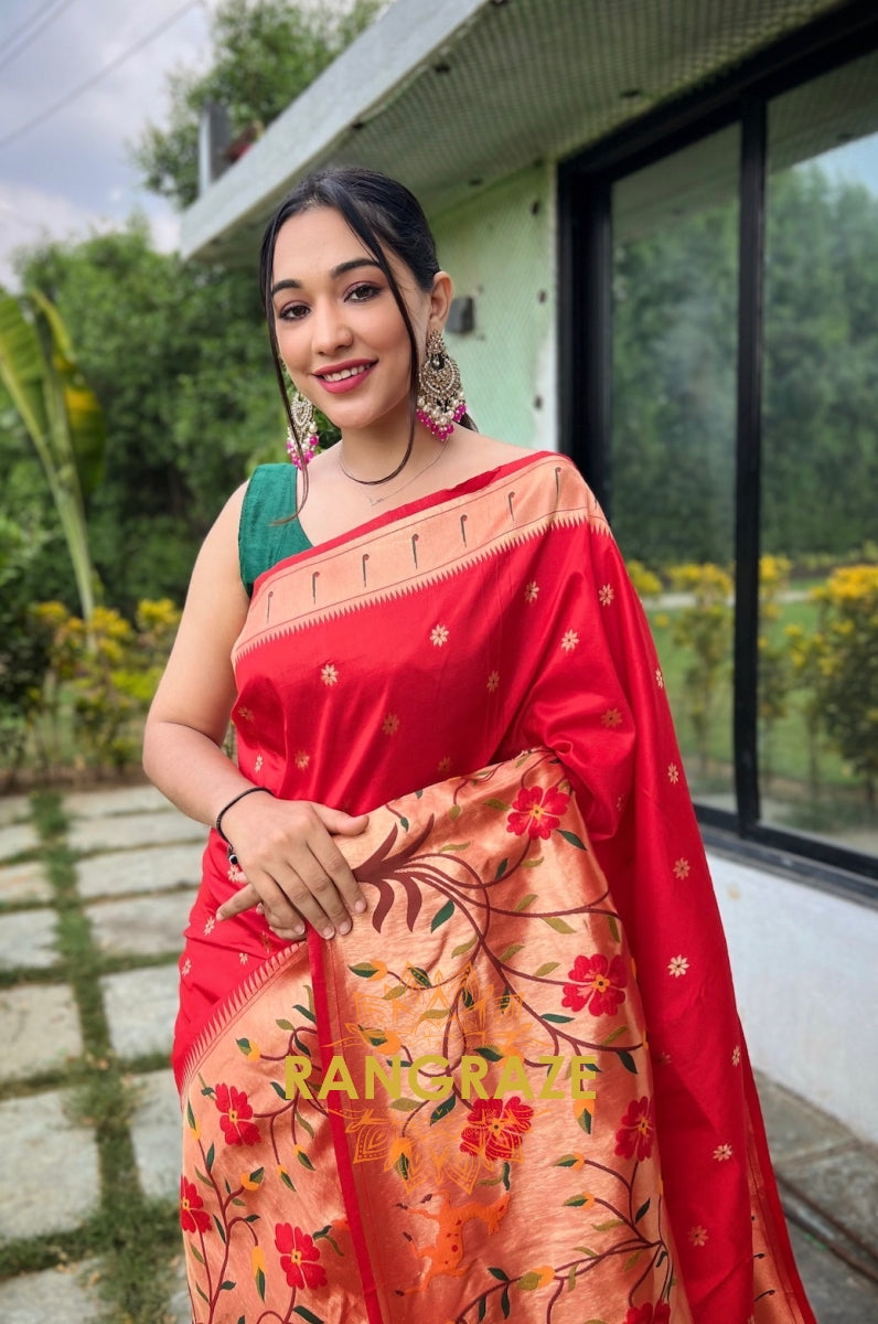 Golden Red Pure Paithani Silk Saree With Traditional Border And Unique Motifs