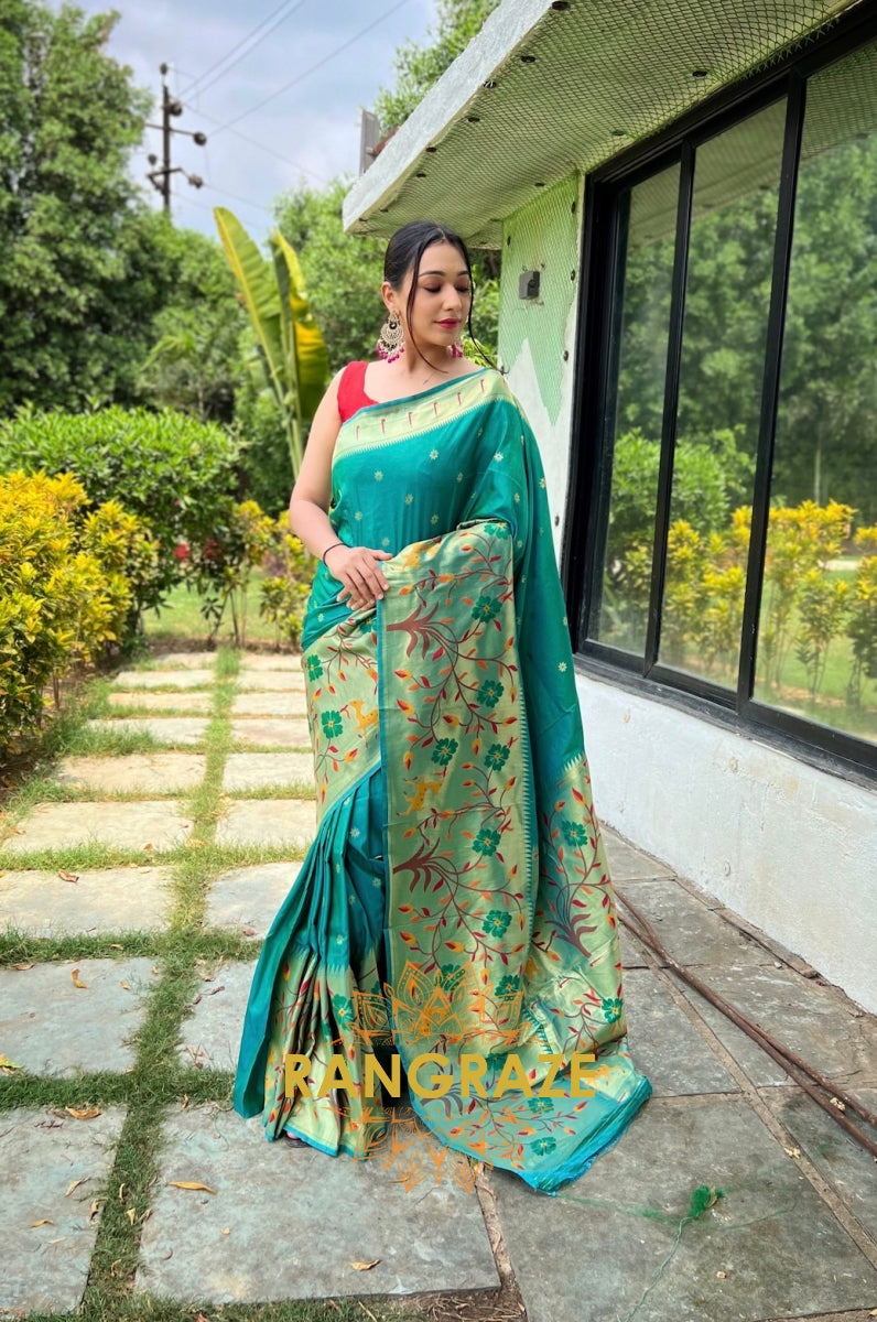 Golden Turquoise Pure Paithani Silk Saree With Traditional Border And Unique Motifs