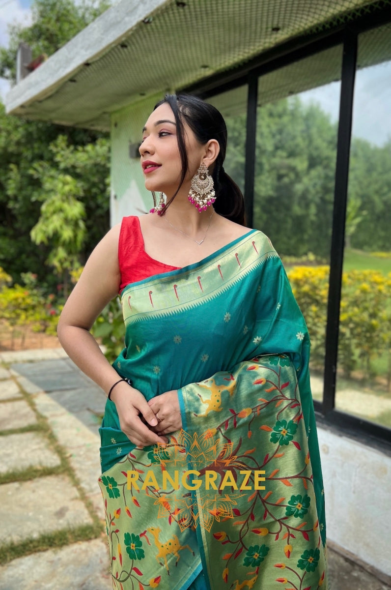 Golden Turquoise Pure Paithani Silk Saree With Traditional Border And Unique Motifs