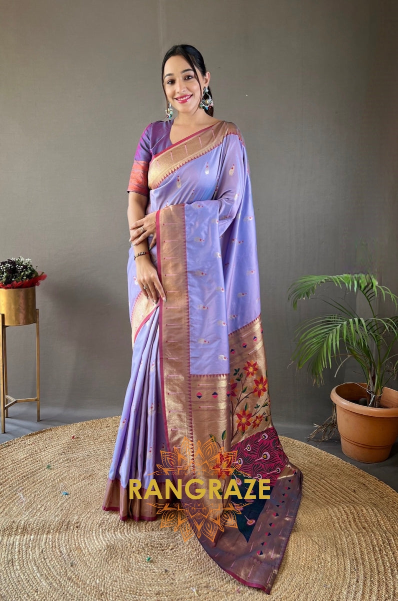 Lilac Lavender Paithani Silk Saree With Golden Zari Peacock Work