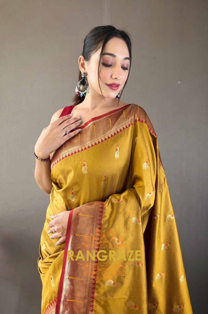 Yellow Golden Paithani Silk Saree With Golden Zari Peacock Work