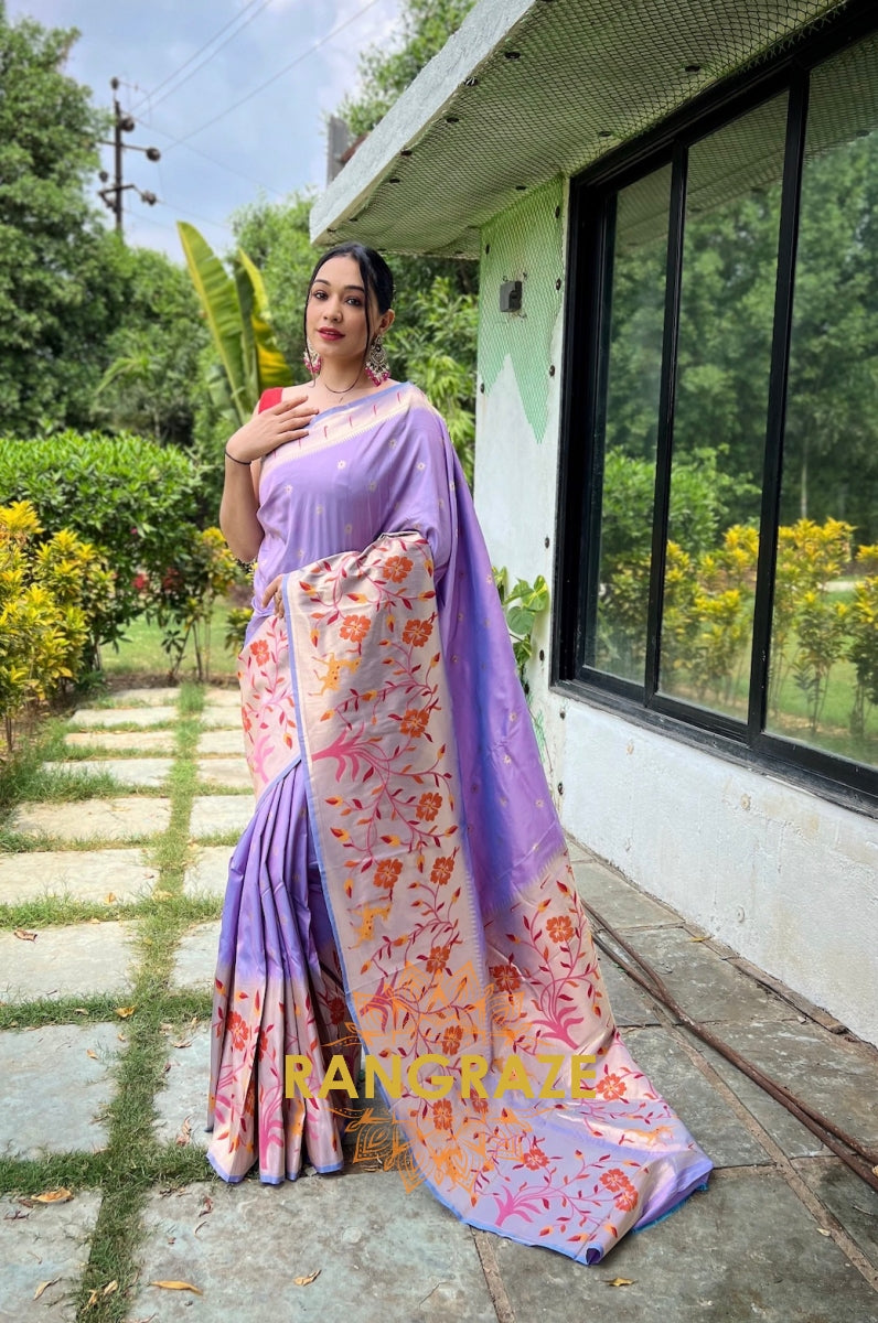 Golden Lilac Lavender Pure Paithani Silk Saree With Traditional Border And Unique Motifs