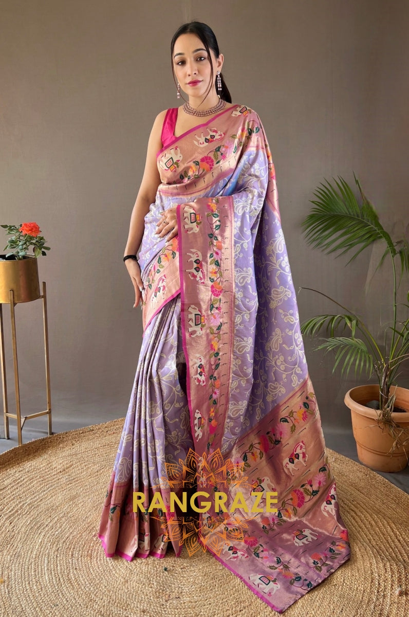 Golden Lavender Lucknowi Concept Weaving Saree With Paithani And Patola Fusion