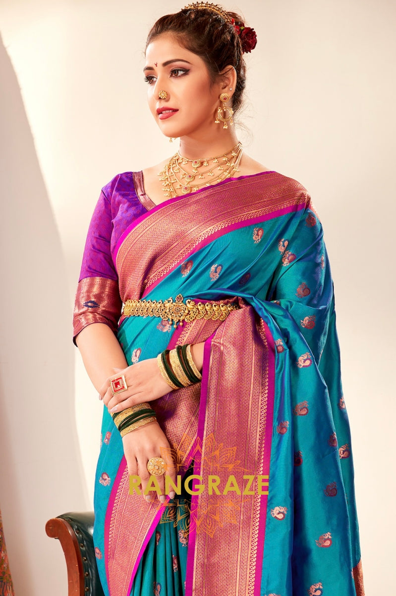 Peacock Royale: Designer Blue Paithani Silk Saree with Contrast Pallu & Zari Weaving