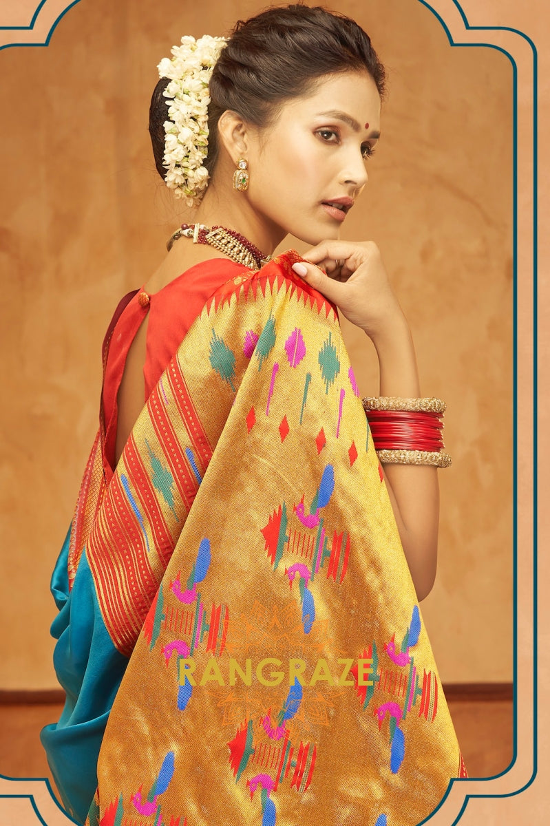 Celestial Teal Paithani Silk Saree with Majestic Zari Pallu