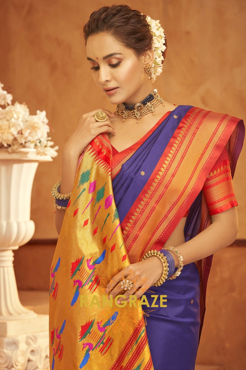 Royal Blue Paithani Silk Saree with Peacock Zari Weaving