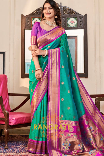 Emerald Bloom Paithani Silk Saree with Violet Contrast