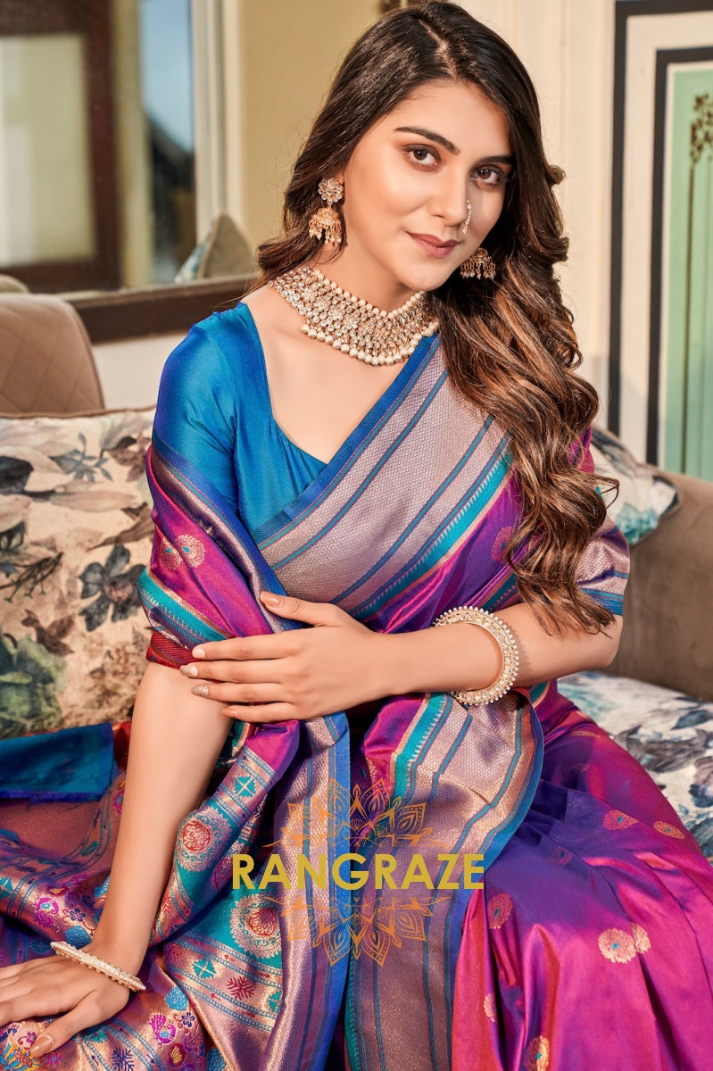 Royal Orchid: Magenta Paithani Silk Saree with Teal Border & Zari Weaving