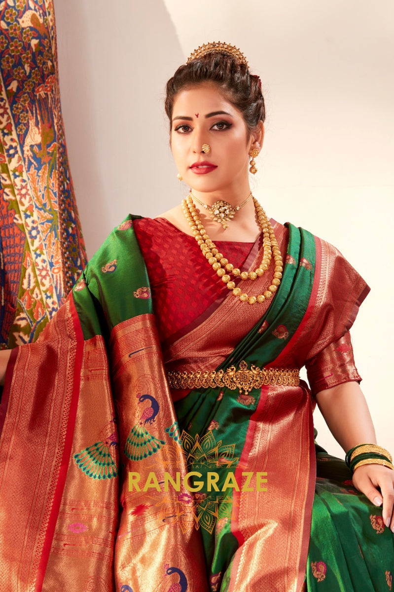 Emerald Splendor: Traditional Paithani Silk Saree in Bottle Green & Maroon