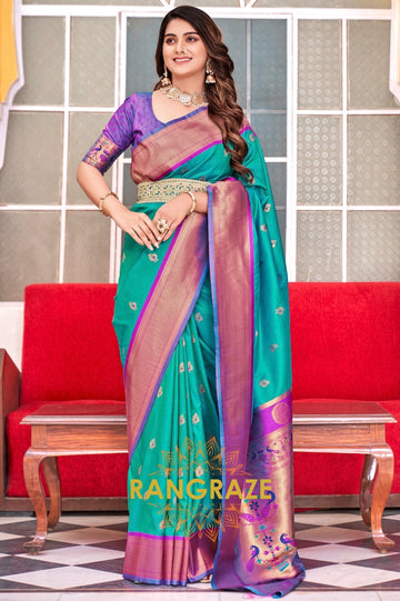 Emerald Bloom: Designer Paithani Silk Saree with Contrast Zari Pallu