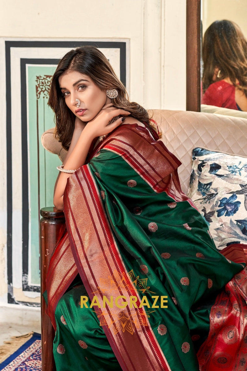Royal Fern: Bottle Green Paithani Silk Saree with Maroon Zari Border