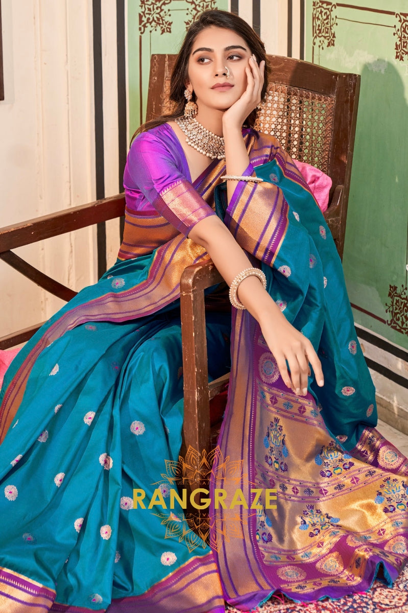 Neelam Radiance: Paithani Silk Saree in Teal Blue & Purple Contrast