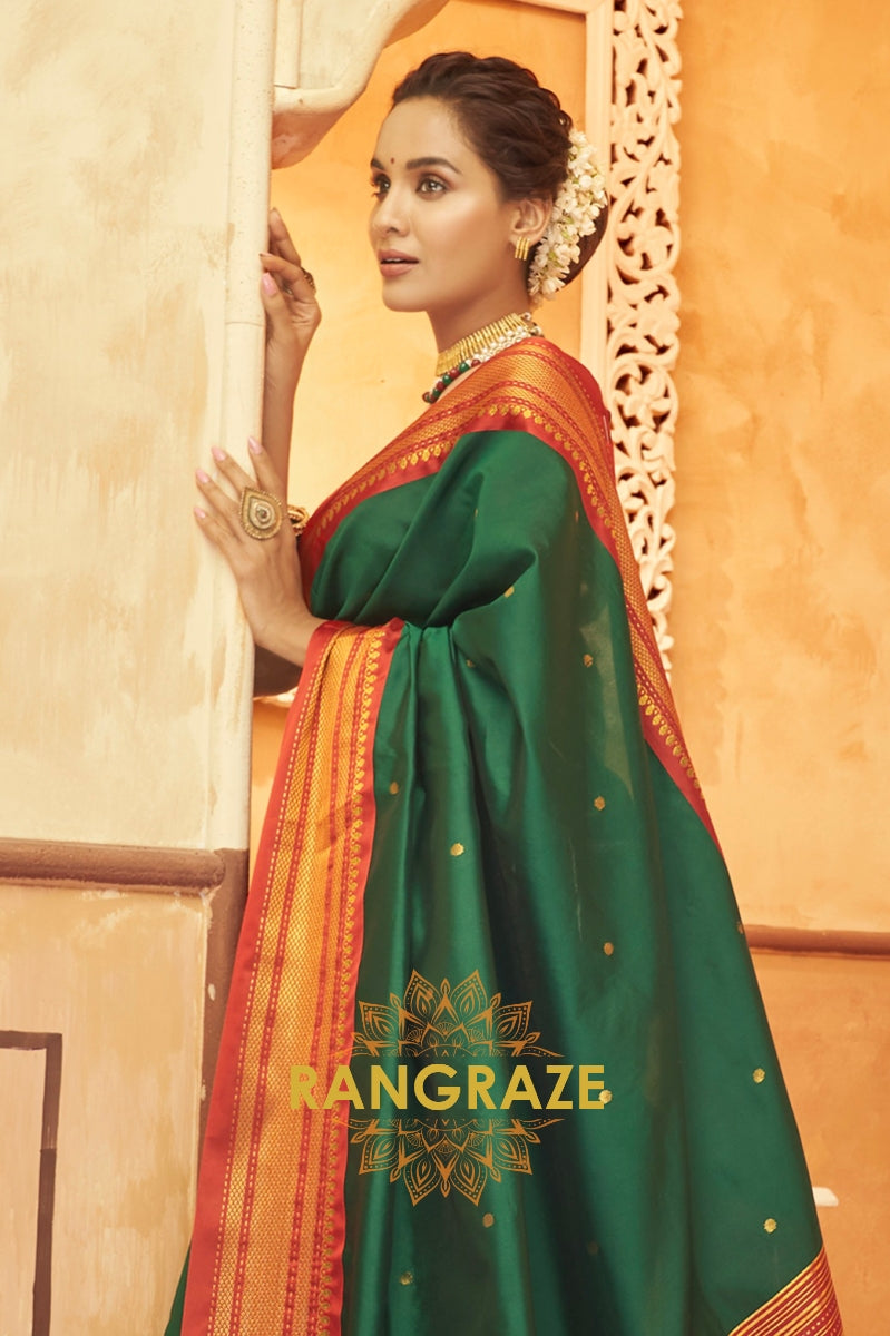 Emerald Elegance Paithani Silk Saree with Golden Zari Peacock Pallu