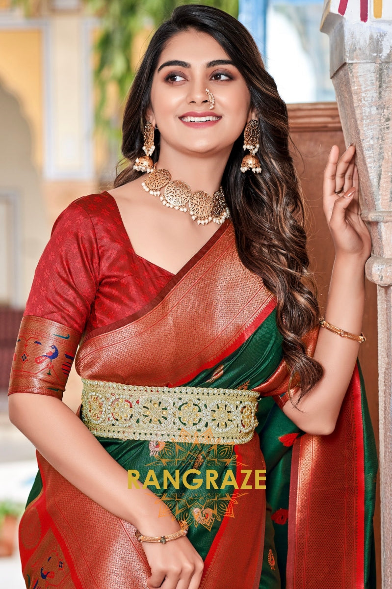 Emerald Grace: Traditional Paithani Silk Saree with Red Zari Border