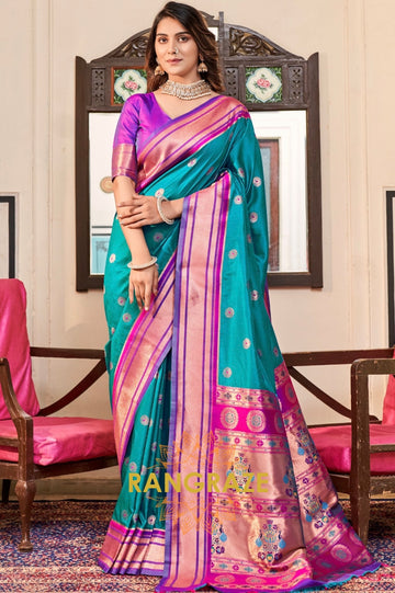 Peacock Teal Elegance: Paithani Silk Saree with Violet Zari Contrast