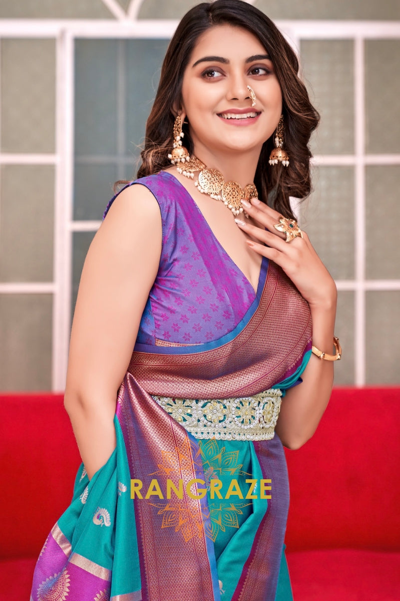 Teal Bloom: Paithani Silk Saree with Violet Border & Zari Peacock Pallu