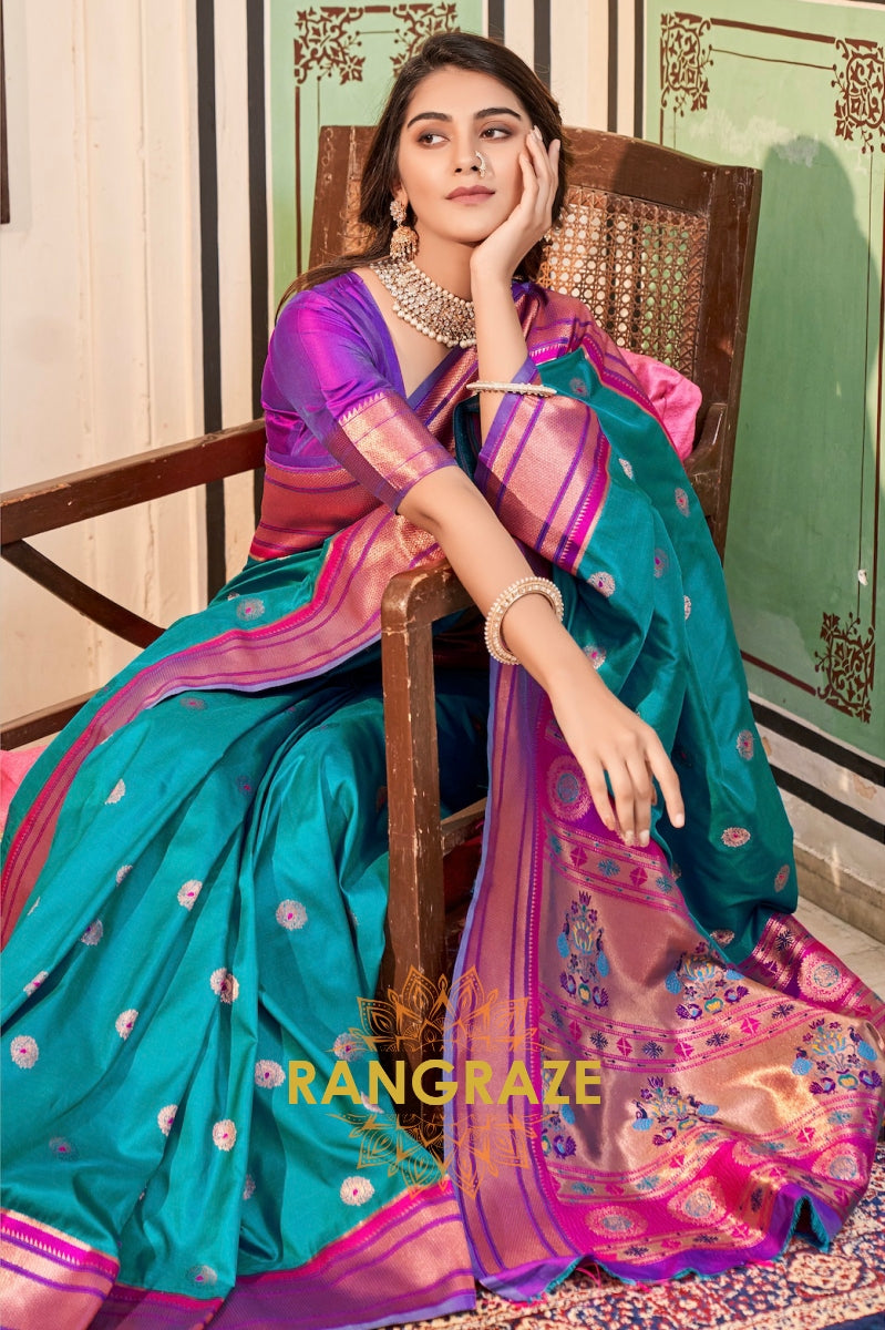 Peacock Teal Elegance: Paithani Silk Saree with Violet Zari Contrast