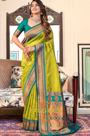 Emerald Glow Paithani Silk Saree with Teal Blue Zari Accents