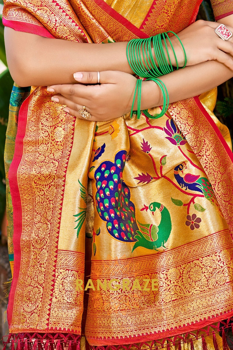 Mustard Majesty Kanjivaram Silk Saree with Paithani Peacock Pallu