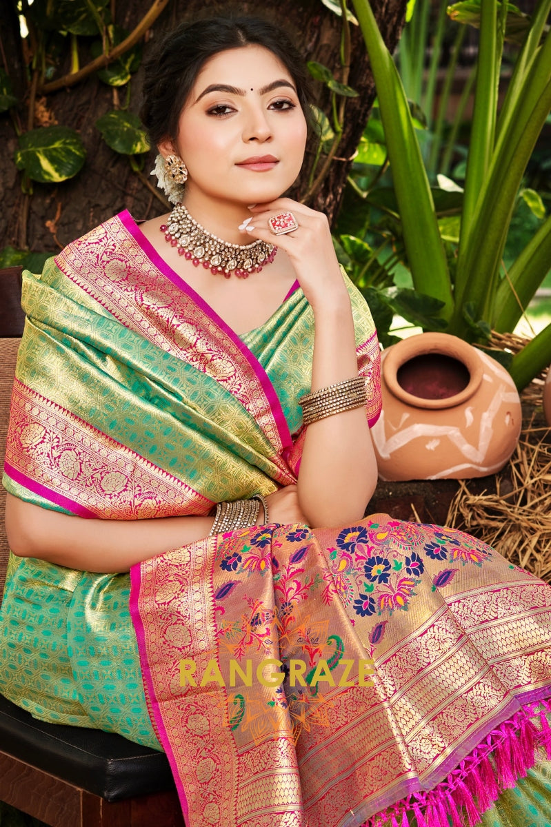 Pistachio Green Kanjivaram Silk Saree with Vibrant Paithani Pallu