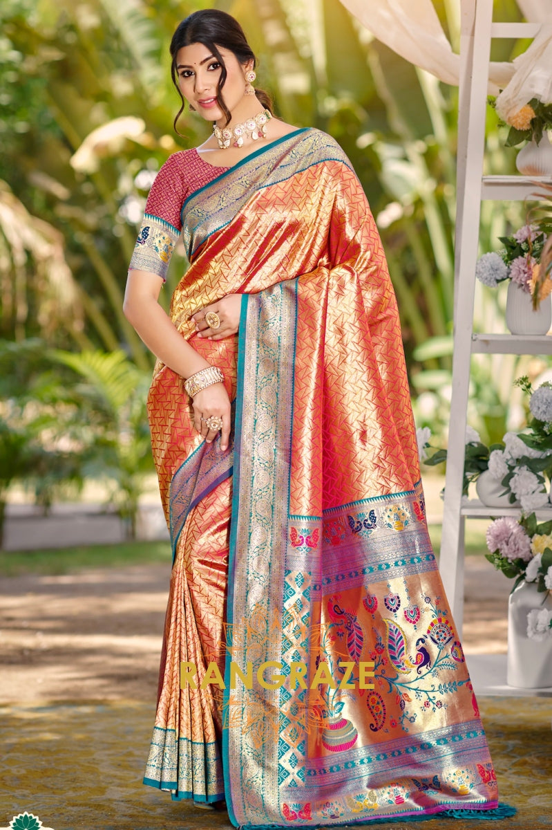 Scarlet Glow Kanjivaram Silk Saree with Paithani Pallu