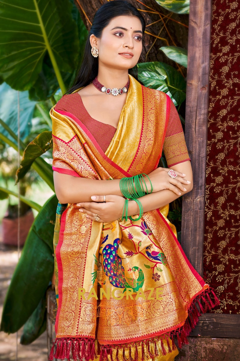 Mustard Majesty Kanjivaram Silk Saree with Paithani Peacock Pallu