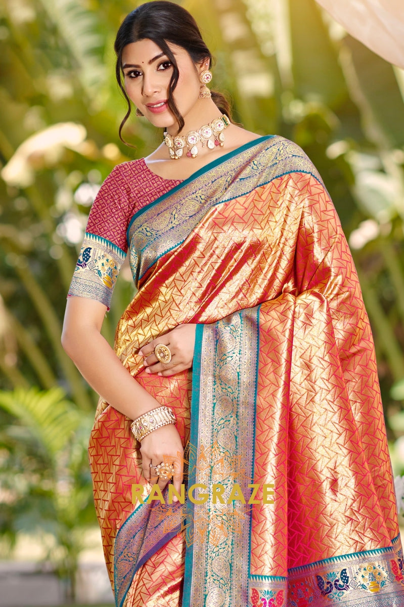 Scarlet Glow Kanjivaram Silk Saree with Paithani Pallu
