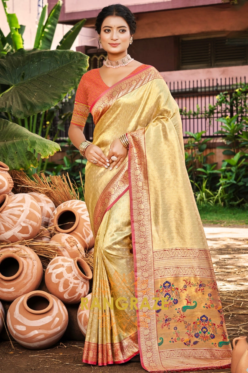 Golden Beige Kanjivaram Silk Saree with Paithani Pallu & Zari Highlights