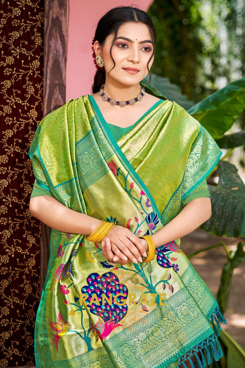 Emerald Bloom Kanjivaram Silk Saree with Paithani Peacock Pallu
