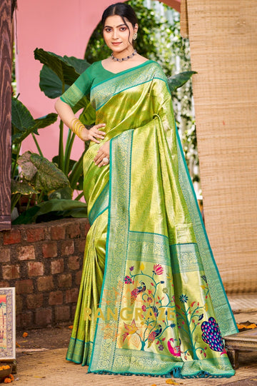 Emerald Bloom Kanjivaram Silk Saree with Paithani Peacock Pallu