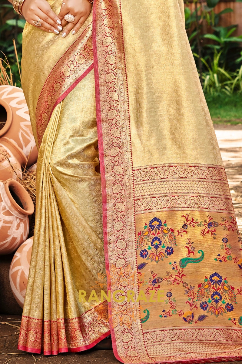 Golden Beige Kanjivaram Silk Saree with Paithani Pallu & Zari Highlights