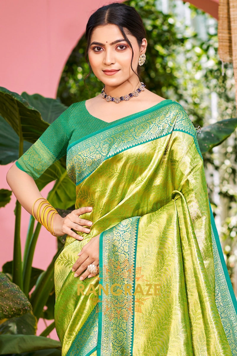 Emerald Bloom Kanjivaram Silk Saree with Paithani Peacock Pallu