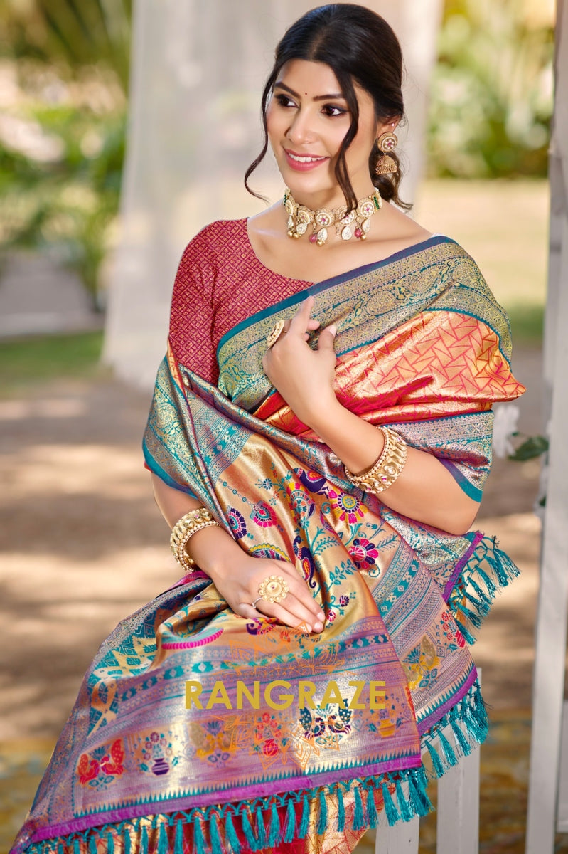 Scarlet Glow Kanjivaram Silk Saree with Paithani Pallu