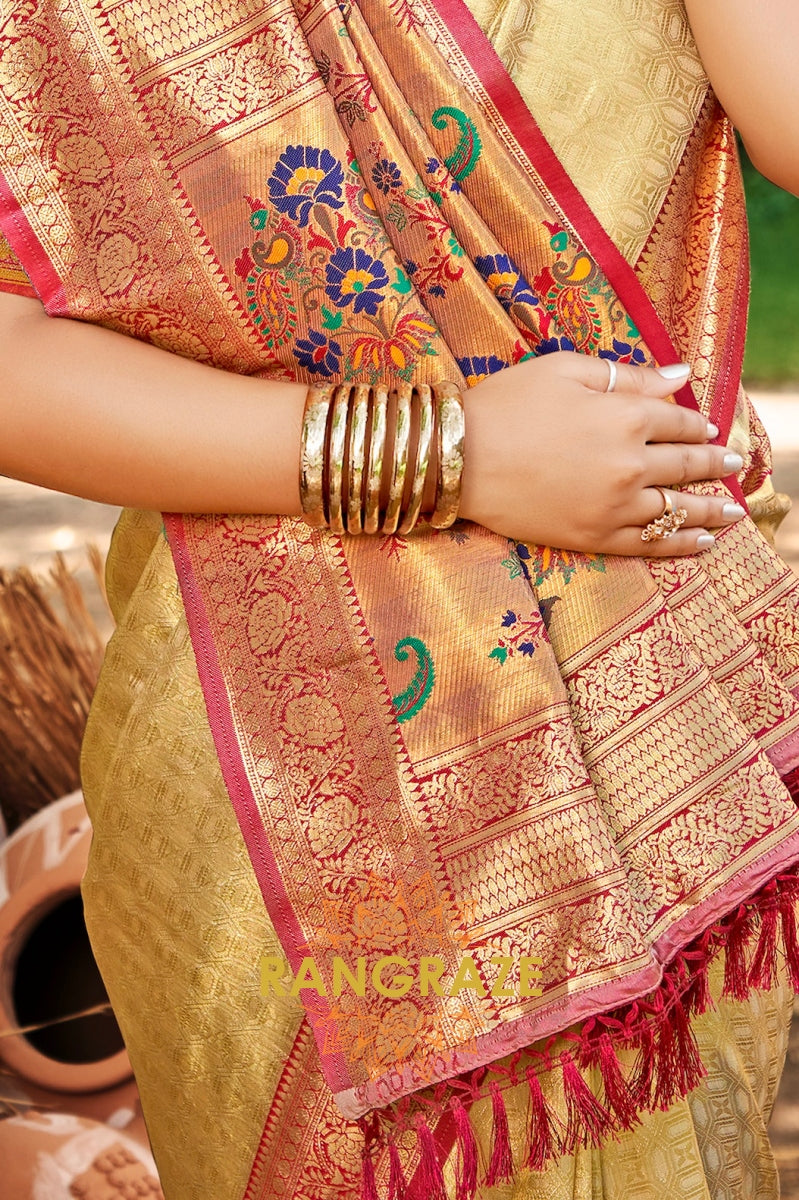 Golden Beige Kanjivaram Silk Saree with Paithani Pallu & Zari Highlights