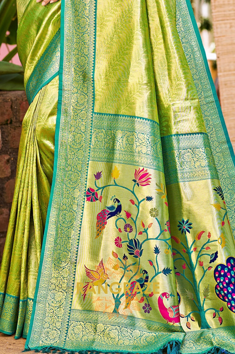 Emerald Bloom Kanjivaram Silk Saree with Paithani Peacock Pallu