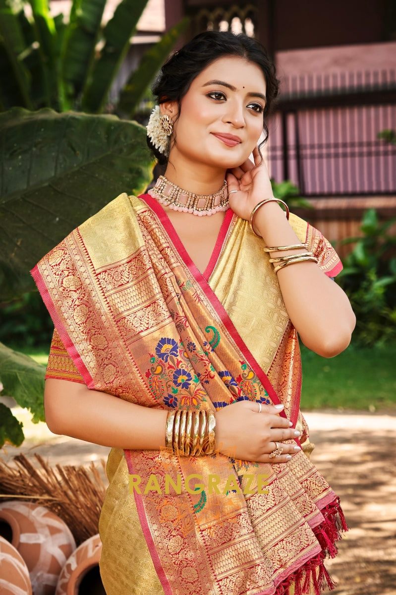 Golden Beige Kanjivaram Silk Saree with Paithani Pallu & Zari Highlights
