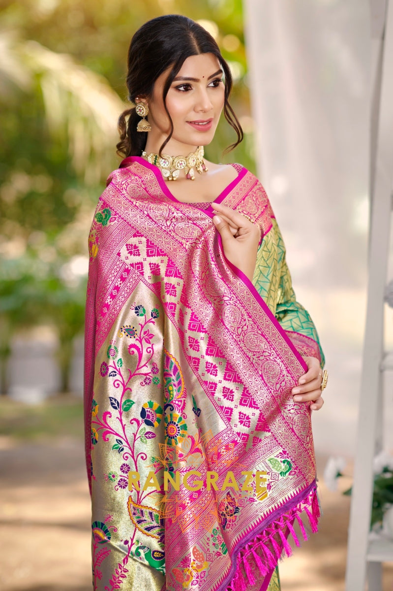 Mint Paithani Kanjivaram Silk Saree with Magenta Zari Border