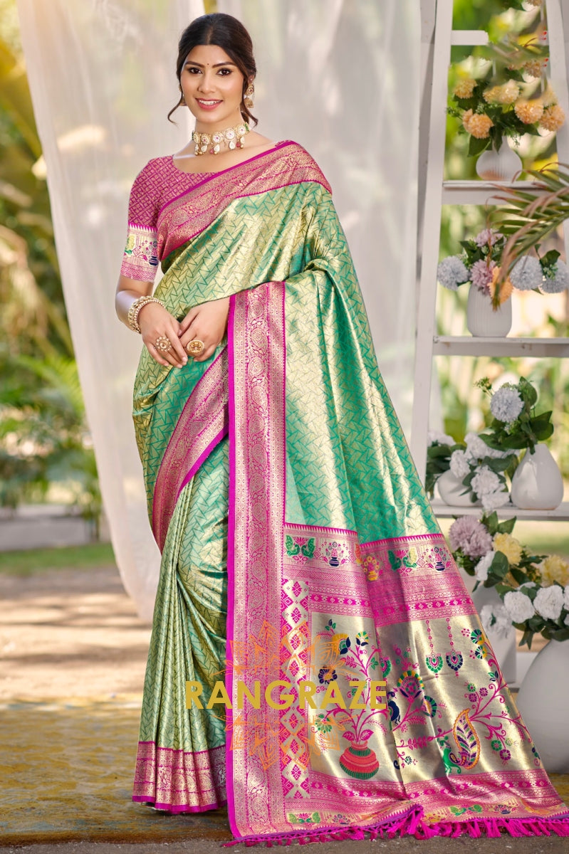 Mint Paithani Kanjivaram Silk Saree with Magenta Zari Border