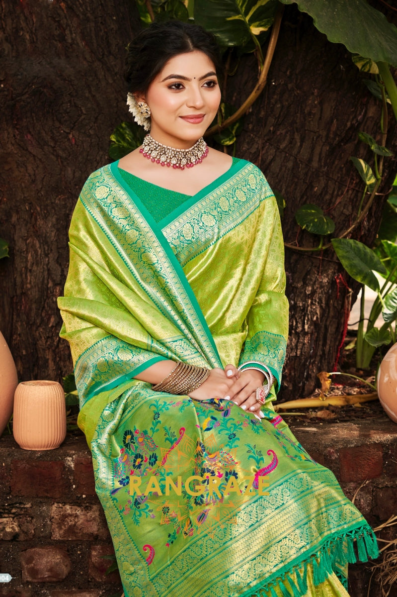Parrot Green Kanjivaram Silk Saree with Paithani Pallu