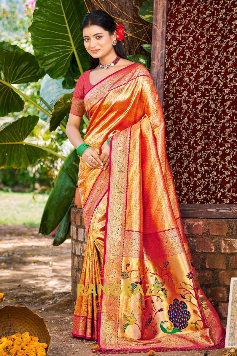 Fiery Coral Kanjivaram Silk Saree with Paithani Peacock Pallu