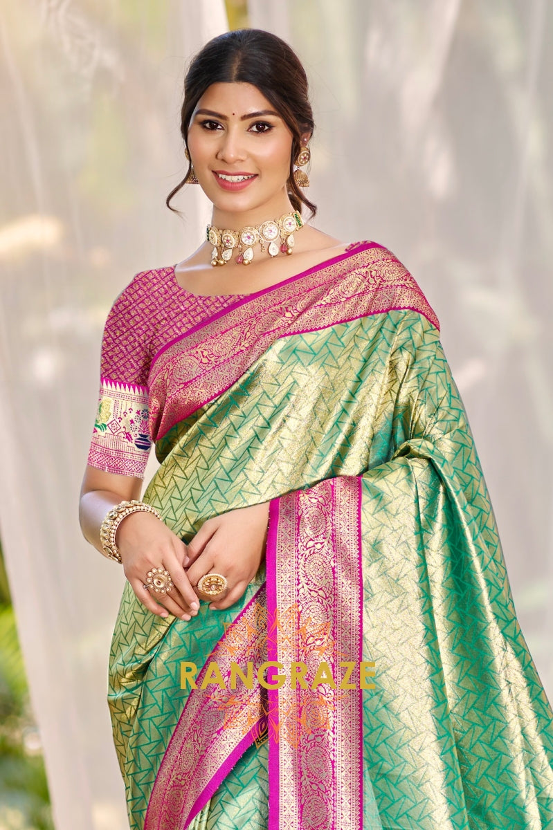 Mint Paithani Kanjivaram Silk Saree with Magenta Zari Border