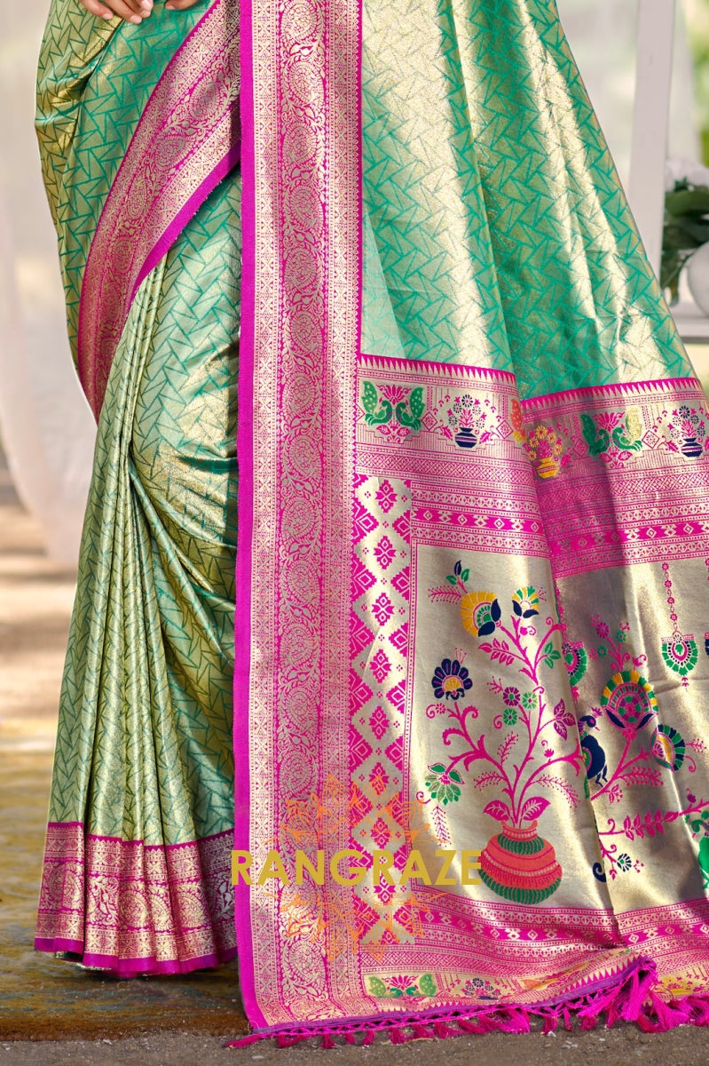 Mint Paithani Kanjivaram Silk Saree with Magenta Zari Border