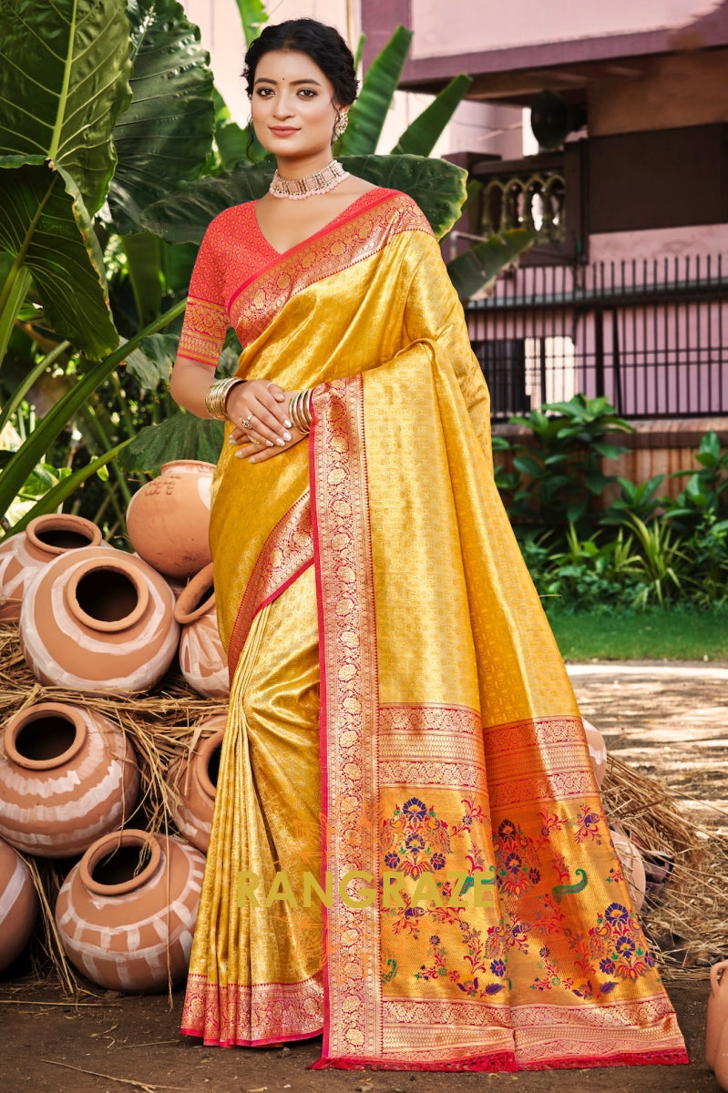 Majestic Mustard Kanjivaram Silk Saree with Paithani-Inspired Pallu