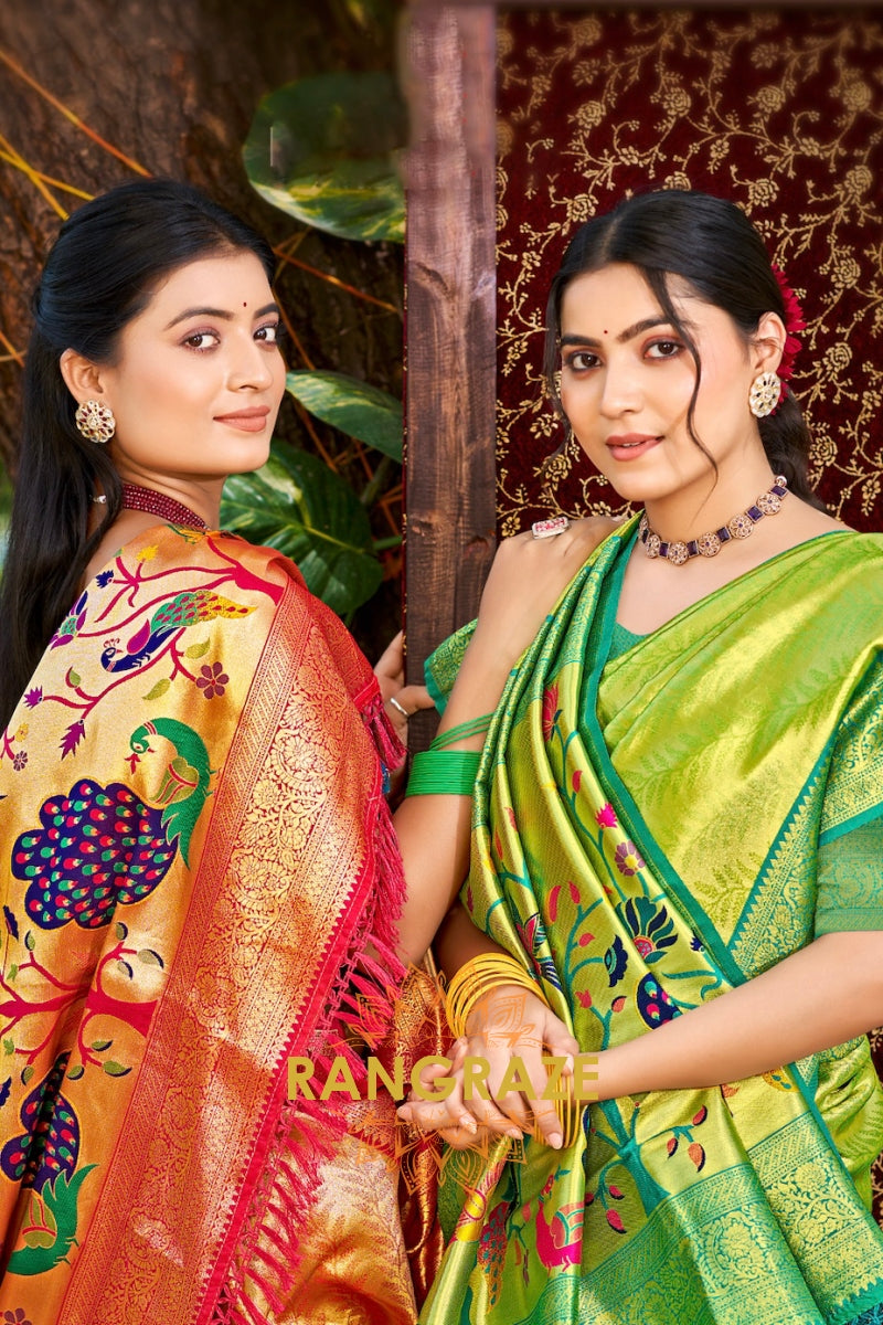 Emerald Bloom Kanjivaram Silk Saree with Paithani Peacock Pallu