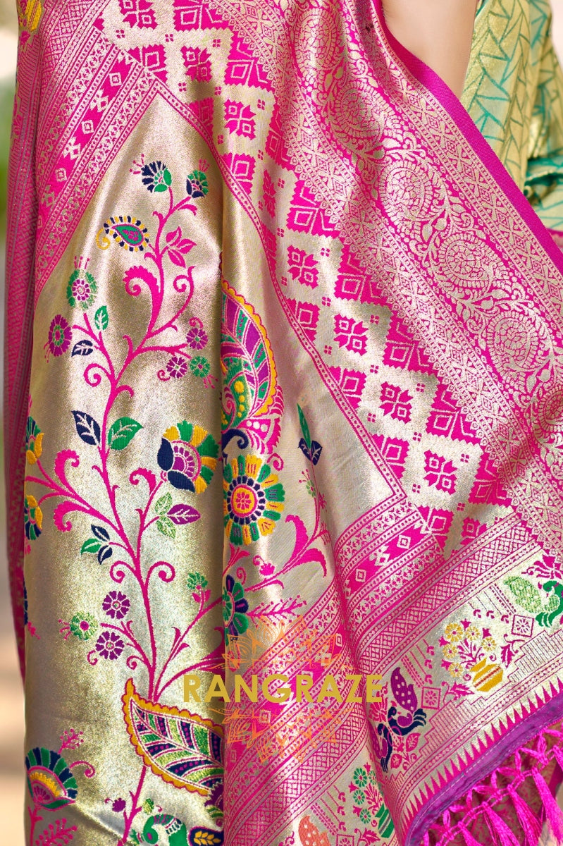 Mint Paithani Kanjivaram Silk Saree with Magenta Zari Border