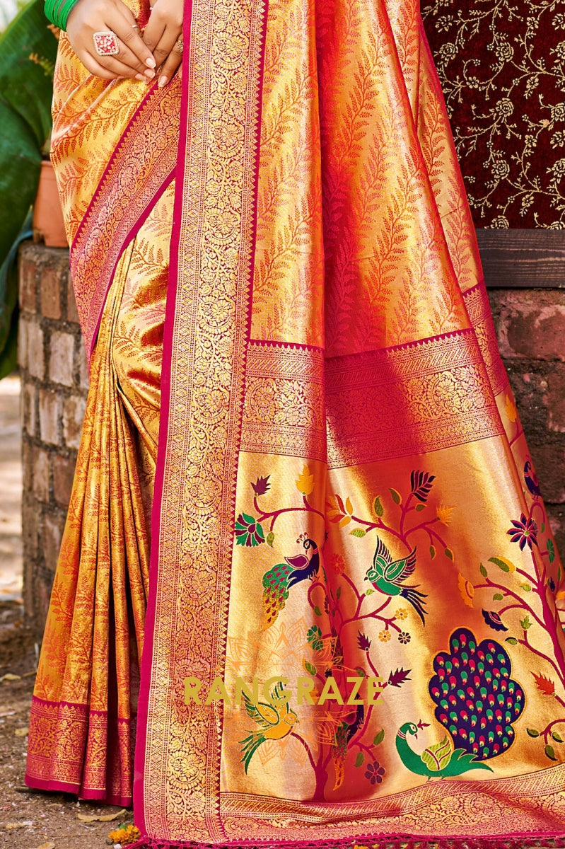 Fiery Coral Kanjivaram Silk Saree with Paithani Peacock Pallu