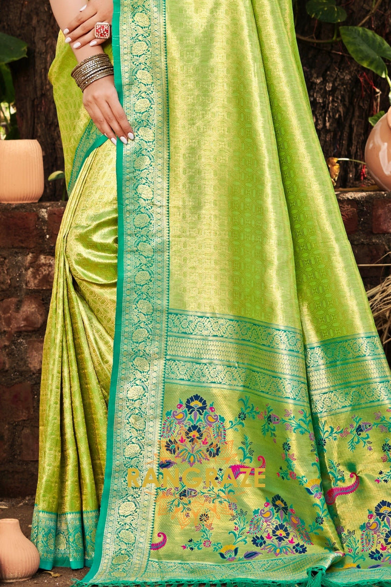 Parrot Green Kanjivaram Silk Saree with Paithani Pallu