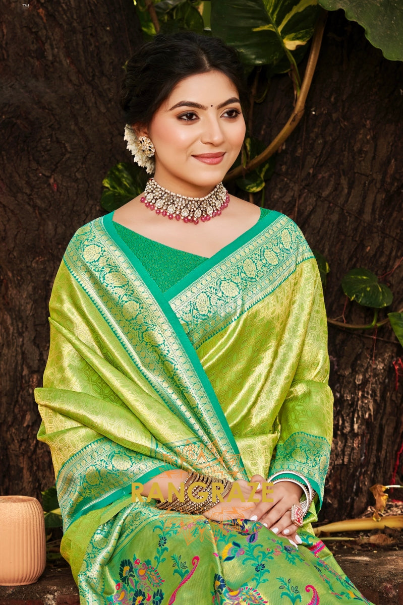 Parrot Green Kanjivaram Silk Saree with Paithani Pallu