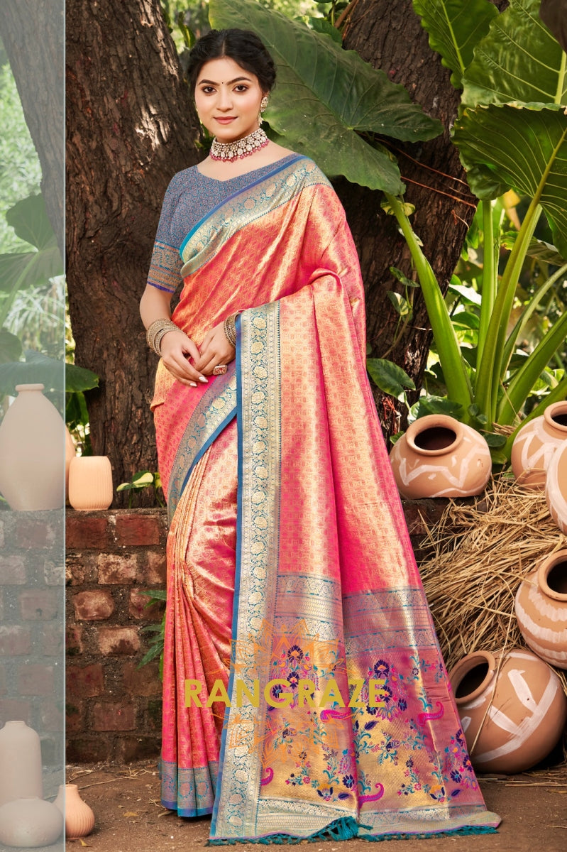 Coral Pink Kanjivaram Silk Saree with Paithani Pallu