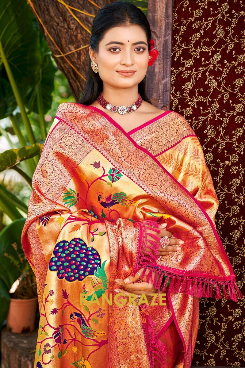 Fiery Coral Kanjivaram Silk Saree with Paithani Peacock Pallu